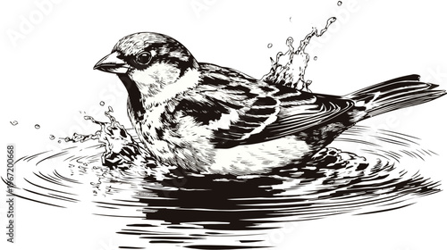 Sparrow splashing in water artistic illustration of bird in aquatic environment