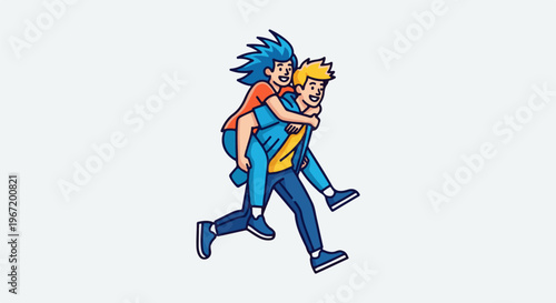 Two cartoon people, one giving the other a piggyback ride, are running