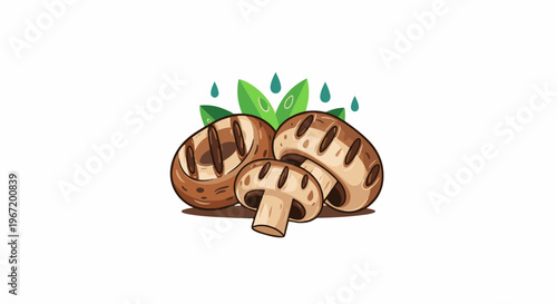 Three stylized mushrooms with grill marks and leaves, with water droplets