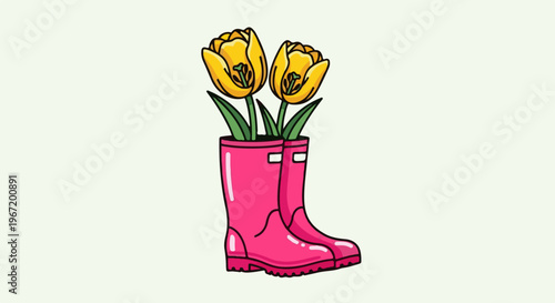 Two bright yellow tulips bloom from a pair of pink rubber boots