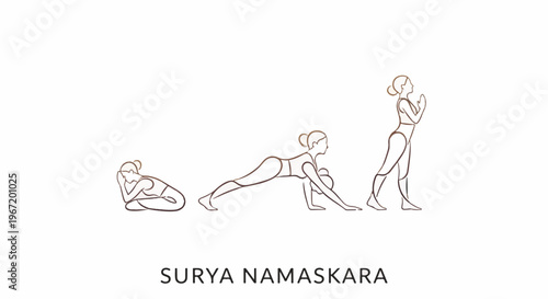 Three simplified line drawings of a woman performing yoga poses in sequence