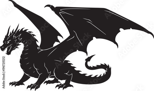 Black dragon silhouette with wings spread mythical creature