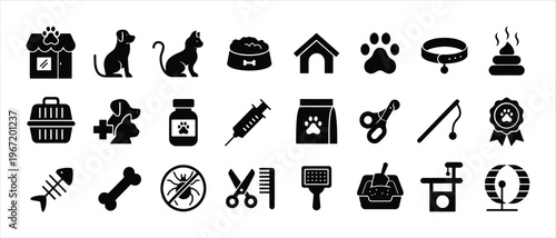 Pet care icon set with 24 black vector elements, veterinary and domestic animal supplies collection, grooming and pet shop symbols for web design