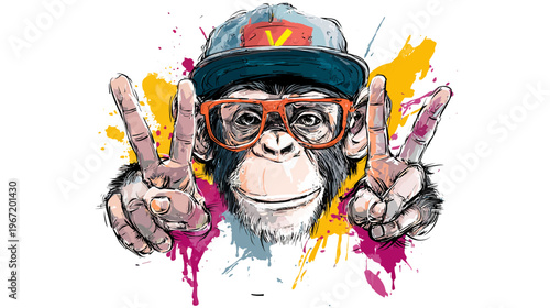 Chimpanzee in cap and glasses making peace sign on white background