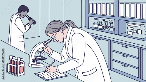 Scientists working in laboratory with test tubes and research equipment.