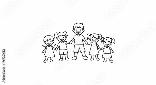 Stylized outline of a man holding hands with four girls in a line