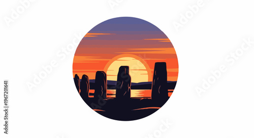 Ancient stones at sunset over water, stylized in pixel art