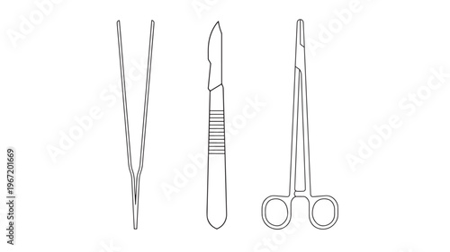 Surgical instruments with tweezers, scalpel, and hemostatic clamp presented as simple line art vector outlines on white background.
