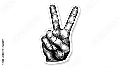 Hand gesture of peace symbol with two fingers raised on white background