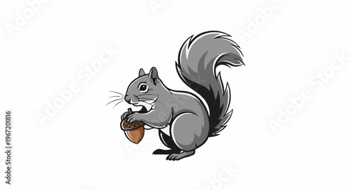 Gray squirrel with bushy tail holds an acorn with its paws