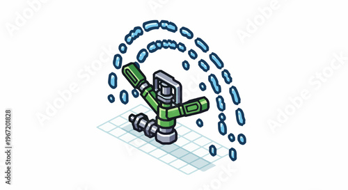 Green sprinkler spraying arcs of water over a tiled grid