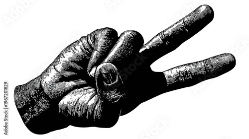 Black and white hand gesture showing peace sign isolated on white