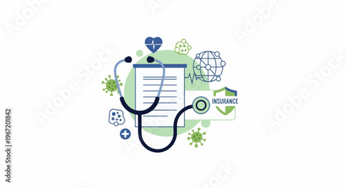 Healthcare icons and symbols including a stethoscope, virus, globe, and shield