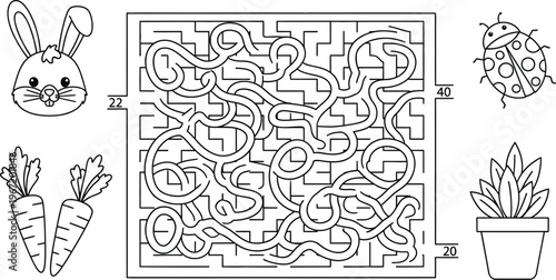 black and white maze for kids with garden theme