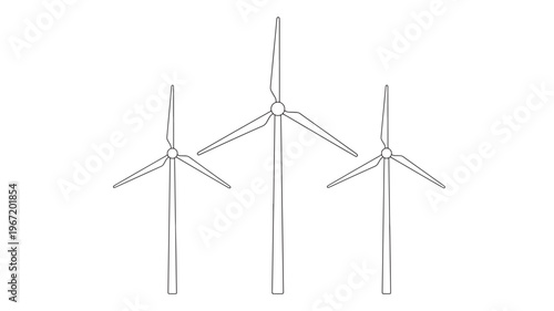 Wind turbines line art icon set with three different sizes and orientations on a white background for renewable energy concepts.