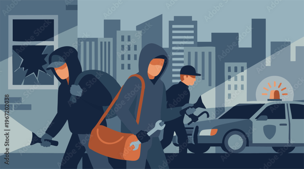 Εκτύπωση καμβά Criminals committing a robbery with police arriving in a city at night