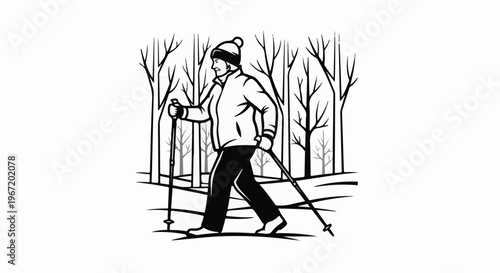 Person with poles walks through barren trees