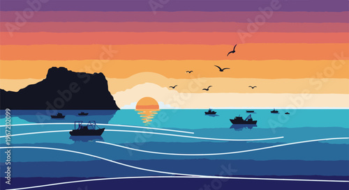 Pixelated seascape with silhouette boats at sunset, with birds flying