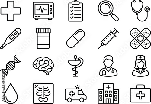 Medical icons set on transparent background for healthcare and medicine concepts