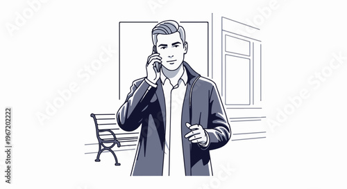 Stylish man in a coat talks on phone near a bench and building