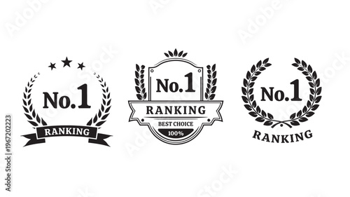 No. 1 ranking emblems with laurel wreaths and ribbons, signifying achievement and best choice. featuring number one, first place, winner with