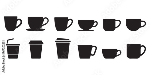 Coffee cup and mug silhouette icon collection with multiple shapes including takeaway cups