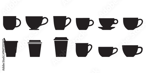 Coffee cup and mug silhouette icon collection with multiple shapes including takeaway cups