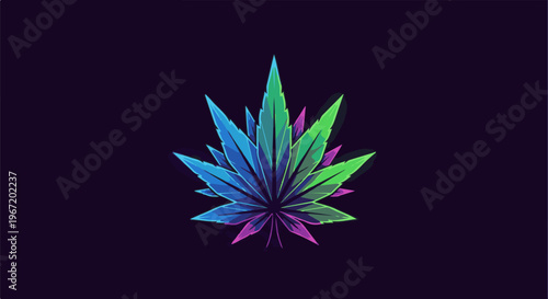 Stylized cannabis leaf in vibrant neon blue, green, and pink hues on dark purple
