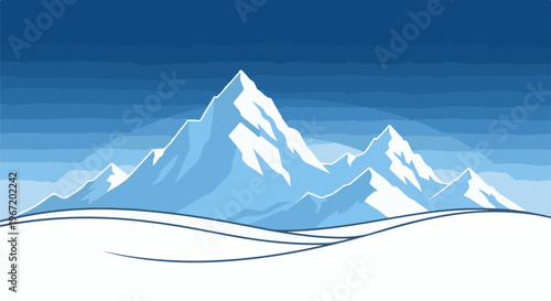 Stylized blue and white pixelated mountain range against a layered blue sky