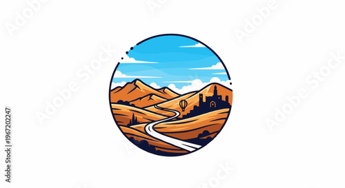 Stylized desert landscape with mountains, road, balloon, and castle