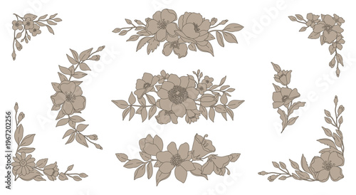 Hand drawn floral borders, frames, dividers, corners with flowers and leaves. Trendy greenery elements in line art style. Vector for wedding invitation, label, branding, card, logo, frame