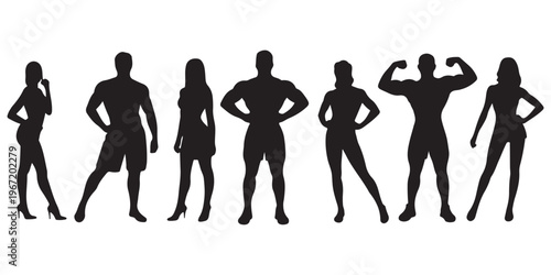 Fitness people silhouette collection with male and female body poses including bodybuilding and standing postures