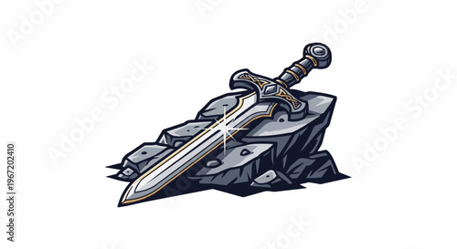Stylized ornate sword embedded in grey rocks with a prominent sparkle effect