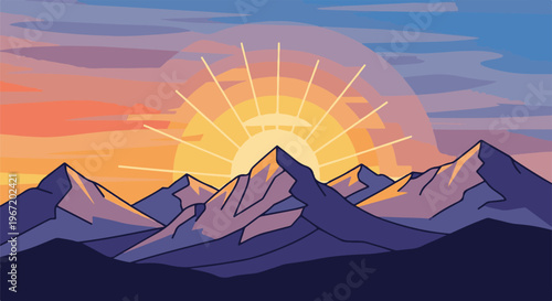 Stylized sunrise behind mountain peaks, gradient sky with clouds