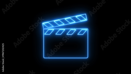 Quadro su tela A glowing blue neon clapperboard icon is displayed against a stark black background, symbolizing the film industry and movie production processes for creative projects