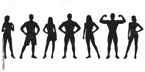 Fitness people silhouette collection with male and female body poses including bodybuilding and standing postures