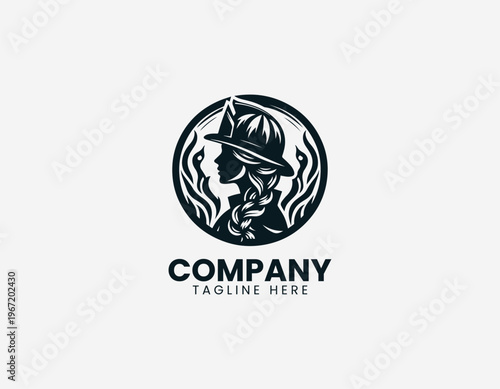 Female firefighter silhouette with flames black vector logo illustration isolated on white background