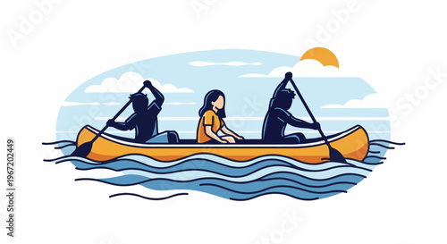Three people paddle a canoe across blue, wavy water under a sunny sky