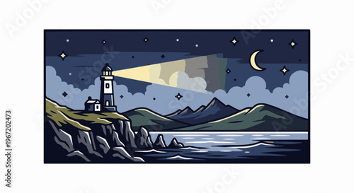 Towering beacon pierces dark sky over coastal cliffs and sea