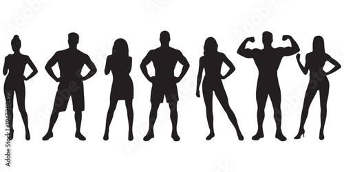Fitness people silhouette collection with male and female body poses including bodybuilding and standing postures