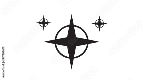 Four-pointed star compass symbols with a central large and two smaller icons on a white background. featuring symbol, icon, navigation with direction