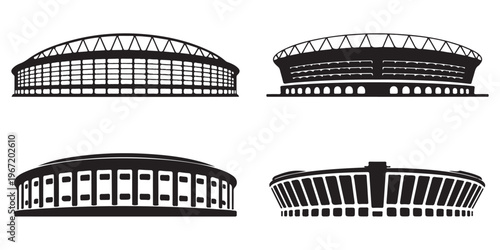 Stadium silhouette icon collection with various arena and sports venue designs
