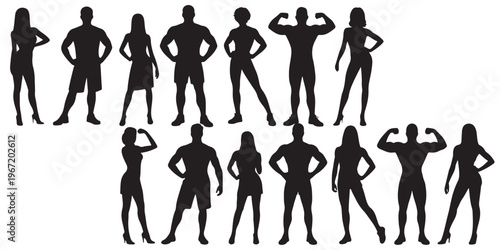 Fitness people silhouette collection with male and female body poses including bodybuilding and standing postures