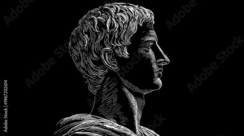 Classic bust profile depicting human portrait sculpture against black background