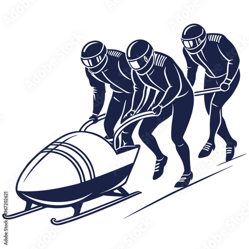 Professional four man bobsleigh team pushing the sled at the start of a winter race silhouette vector illustration