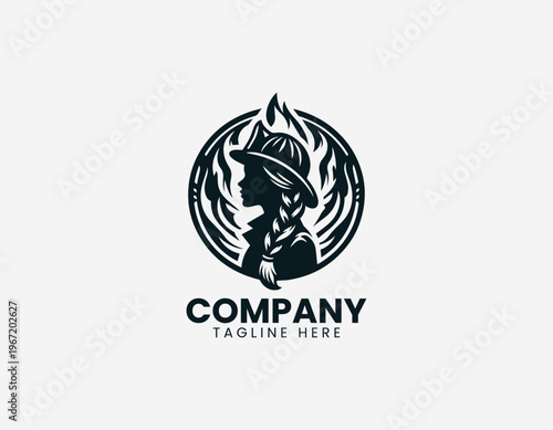 Female firefighter silhouette with flames black vector logo illustration isolated on white background