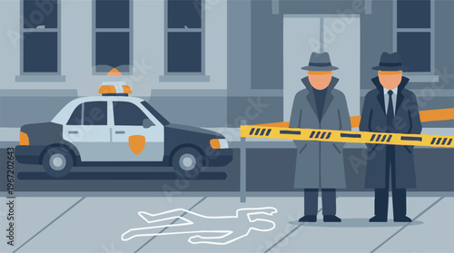 Crime Scene Investigation with Detectives, Police Car, and Body Outline