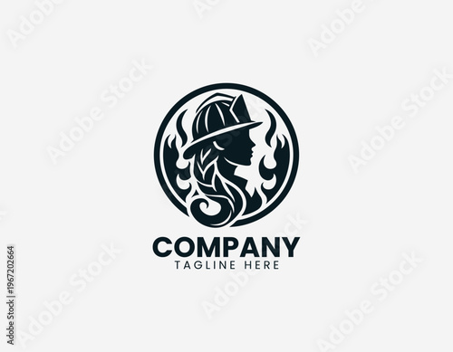 Female firefighter silhouette with flames black vector logo illustration isolated on white background