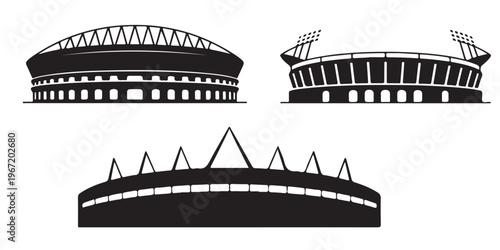 Stadium silhouette icon collection with various arena and sports venue designs