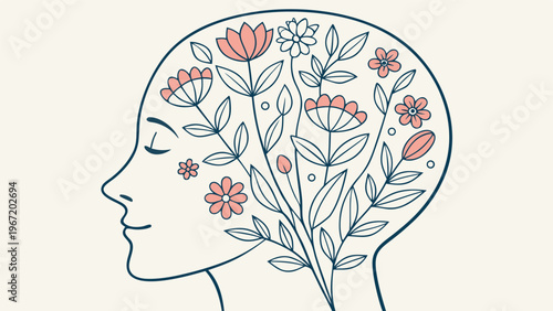 Artistic vector illustration of a beautiful woman profile silhouette with floral hair design featuring spring flowers and summer leaves for fashion and nature lovers